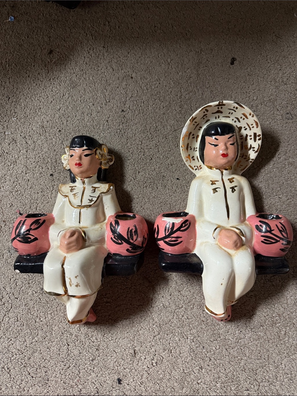 Pair of Vintage  Ceramic Asian Male & Female Wall Pocket Planter